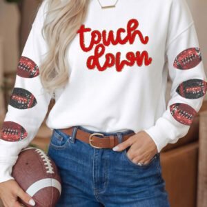 White Game Day Touch Down Sequin Rugby Long Sleeve Tee