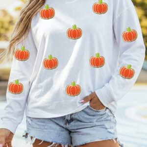 White Glitter Chenille Pumpkin Patch Graphic Long Sleeve Top