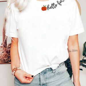 White hello fall Embroidered Pumpkin Hello Casual Round Neck T Shirt