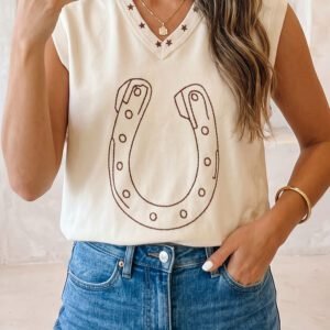 White Horseshoe Embroidered Star Trim V Neck Loose Tank Top