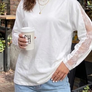 White Lace Patchwork Round Neck Long Sleeve Top