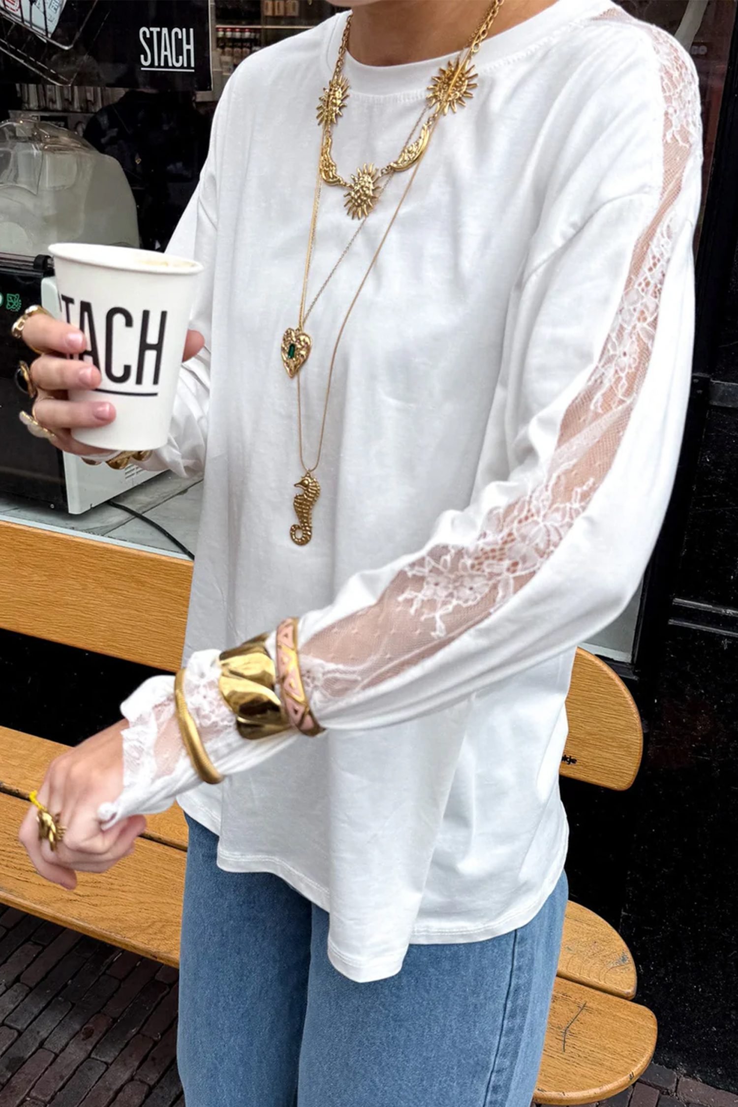 White Lace Patchwork Round Neck Long Sleeve Top