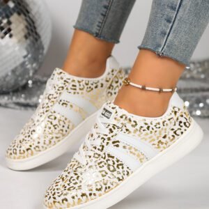 White Leopard Print PU Leather Detail Lace Up Casual Shoes