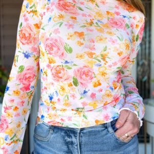 White Lettuce Trim Floral Print Sheer Mesh Long Sleeve Top