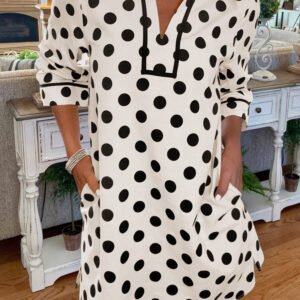 White Polka Dot Half Sleeve Collar V Neck Pocketed Casual Mini Dress