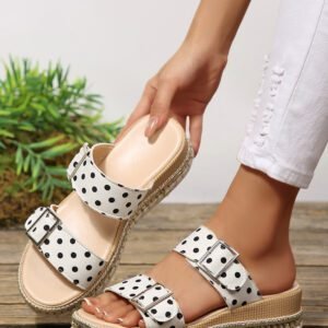White Polka Dot Pattern Double Buckle Straps Hollow Out Platform Slippers