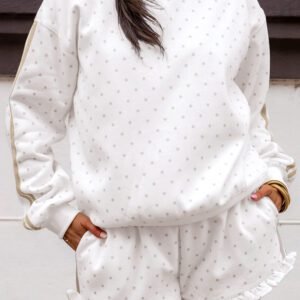 White Polka Dot Print Side Stripe Detail Casual Sweatshirt 2pcs Short Set