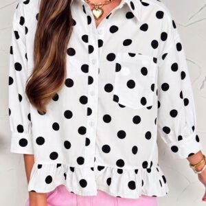 White Polka Dot Print Three Quarter Sleeve Ruffle Hem Casual Shirt