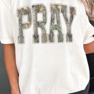 White PRAY Camo Letter Print Casual Round Neck T Shirt