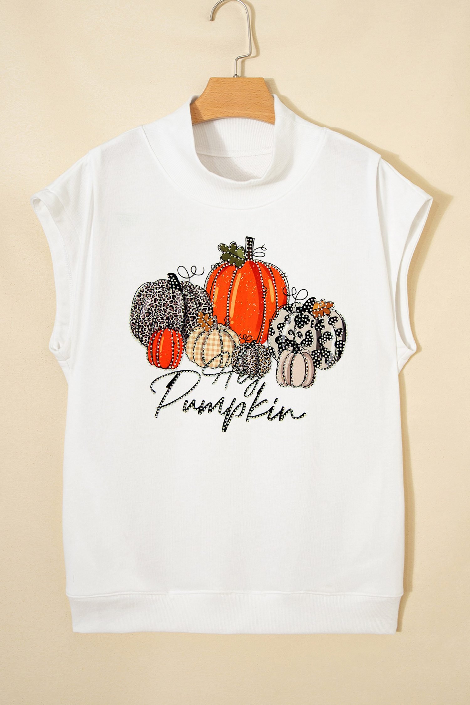 White Rhinestone Embellished Pumpkin Graphic High Neck Cap Sleeve Top