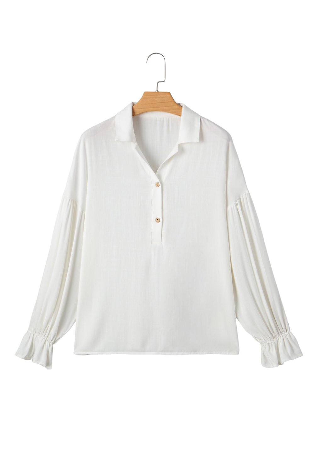 White Ruffle Elastic Cuffs Puffy Long Sleeve Button Down Shirt