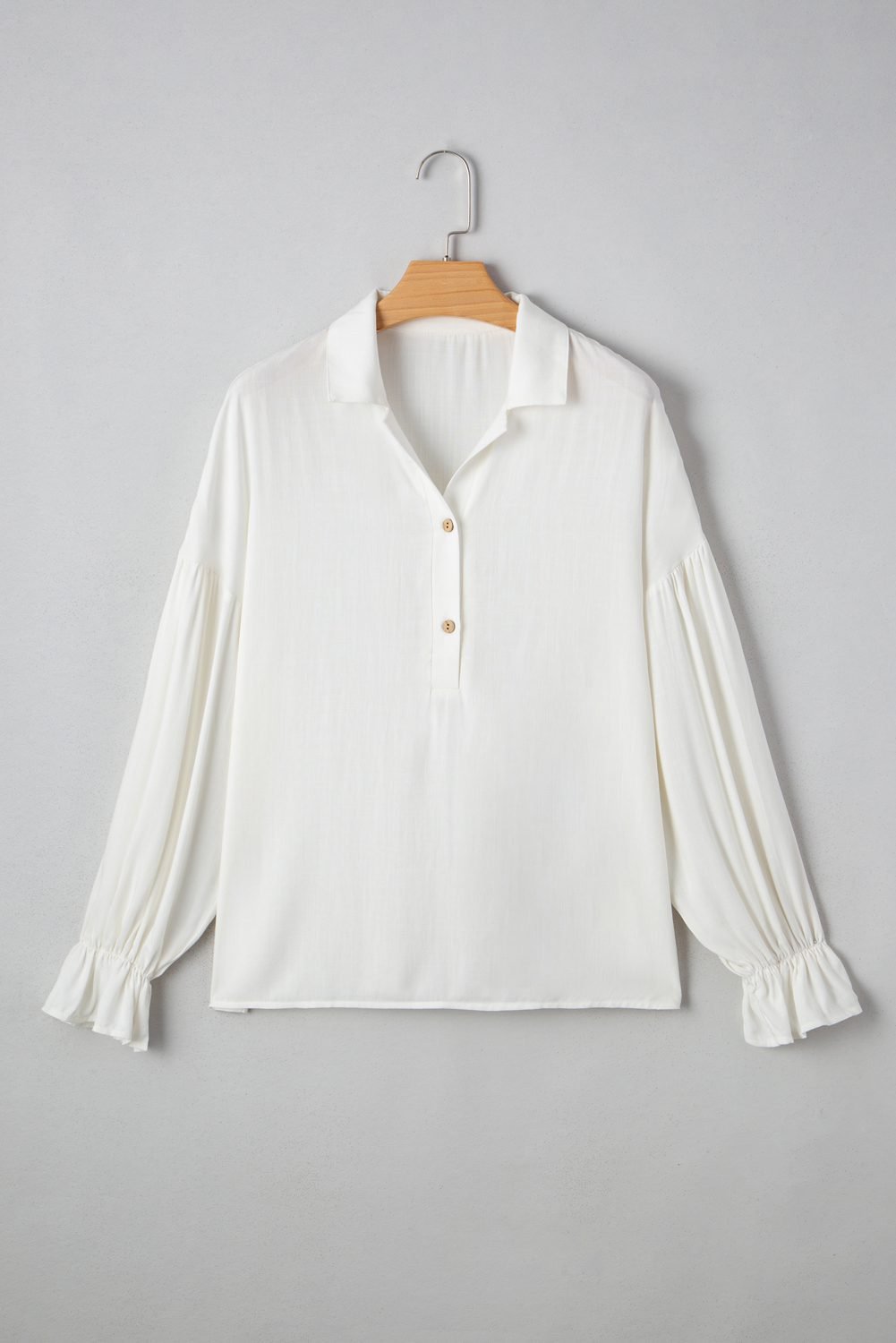White Ruffle Elastic Cuffs Puffy Long Sleeve Button Down Shirt