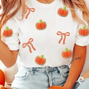 White Sequin Chenille Pumpkin Bow Pattern Casual Short T Shirt