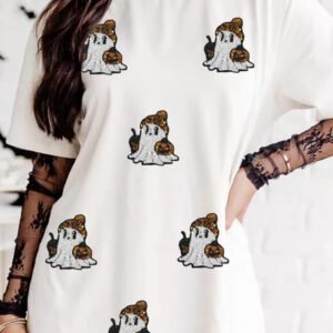 White Sequin Ghost Print Short Sleeve Casual Halloween Graphic T-Shirt