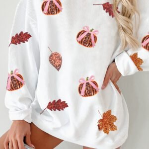 White Sequin Pumpkin Leaf Corded Ribbed Oversized Sweatshirt