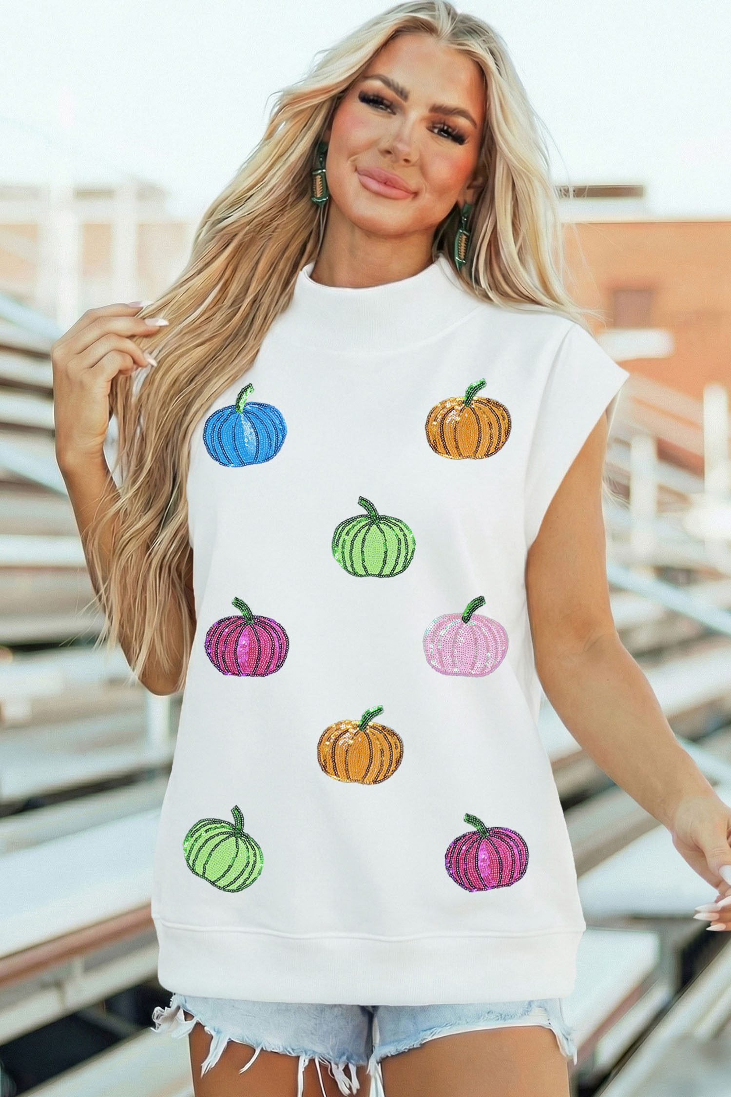 White Sequin Pumpkin Pattern Mock Neck Cap Sleeve Top