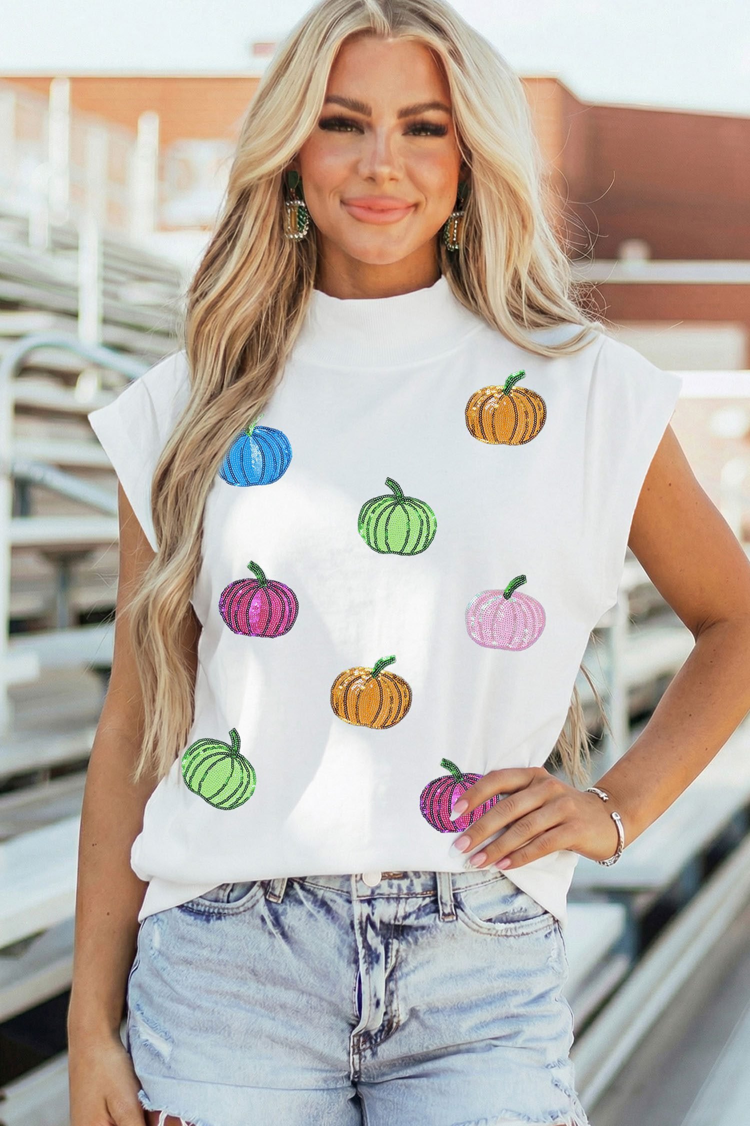 White Sequin Pumpkin Pattern Mock Neck Cap Sleeve Top