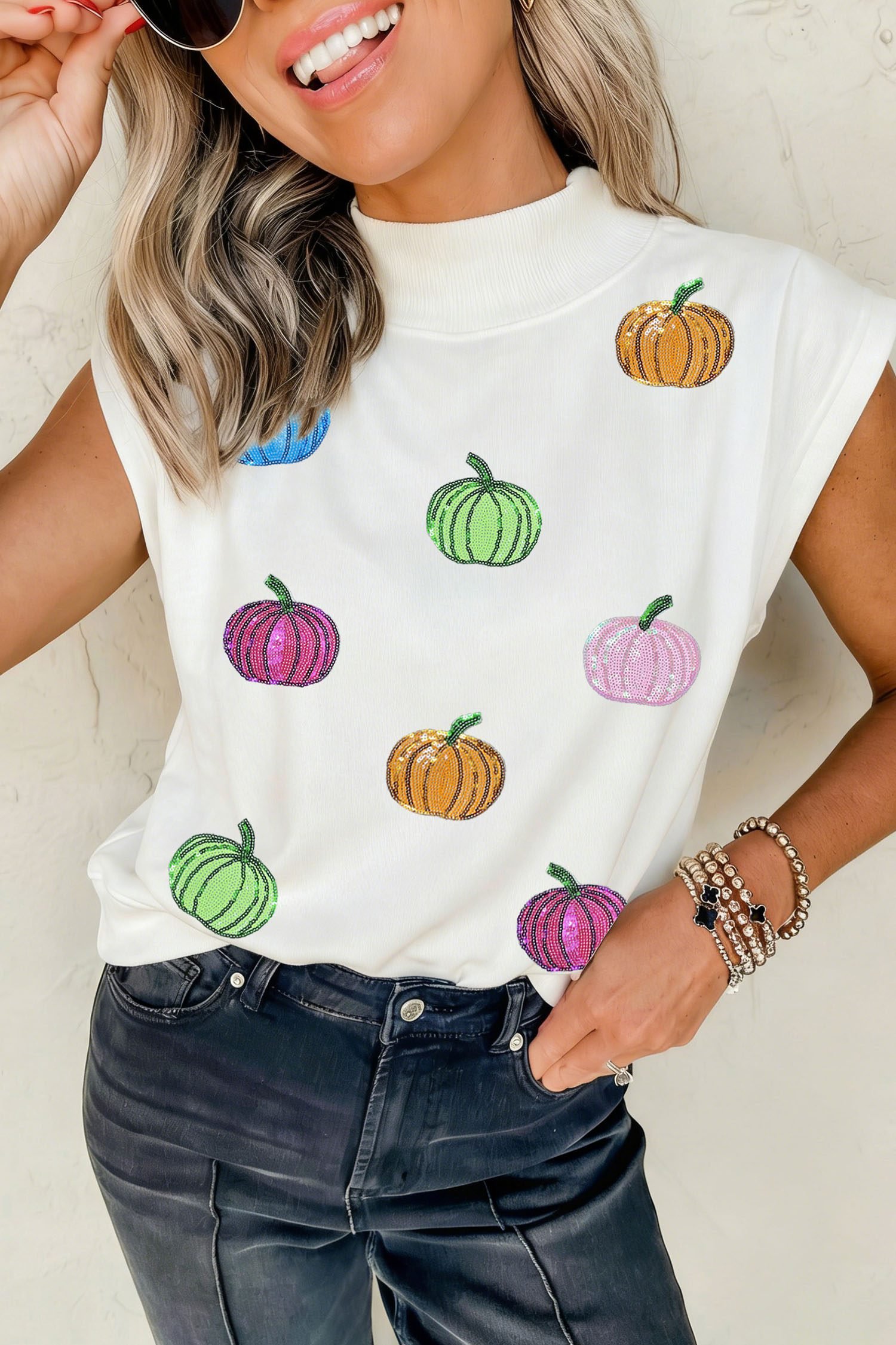 White Sequin Pumpkin Pattern Mock Neck Cap Sleeve Top