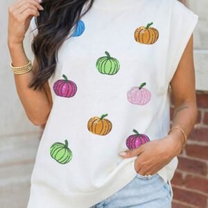White Sequin Pumpkin Pattern Mock Neck Cap Sleeve Top