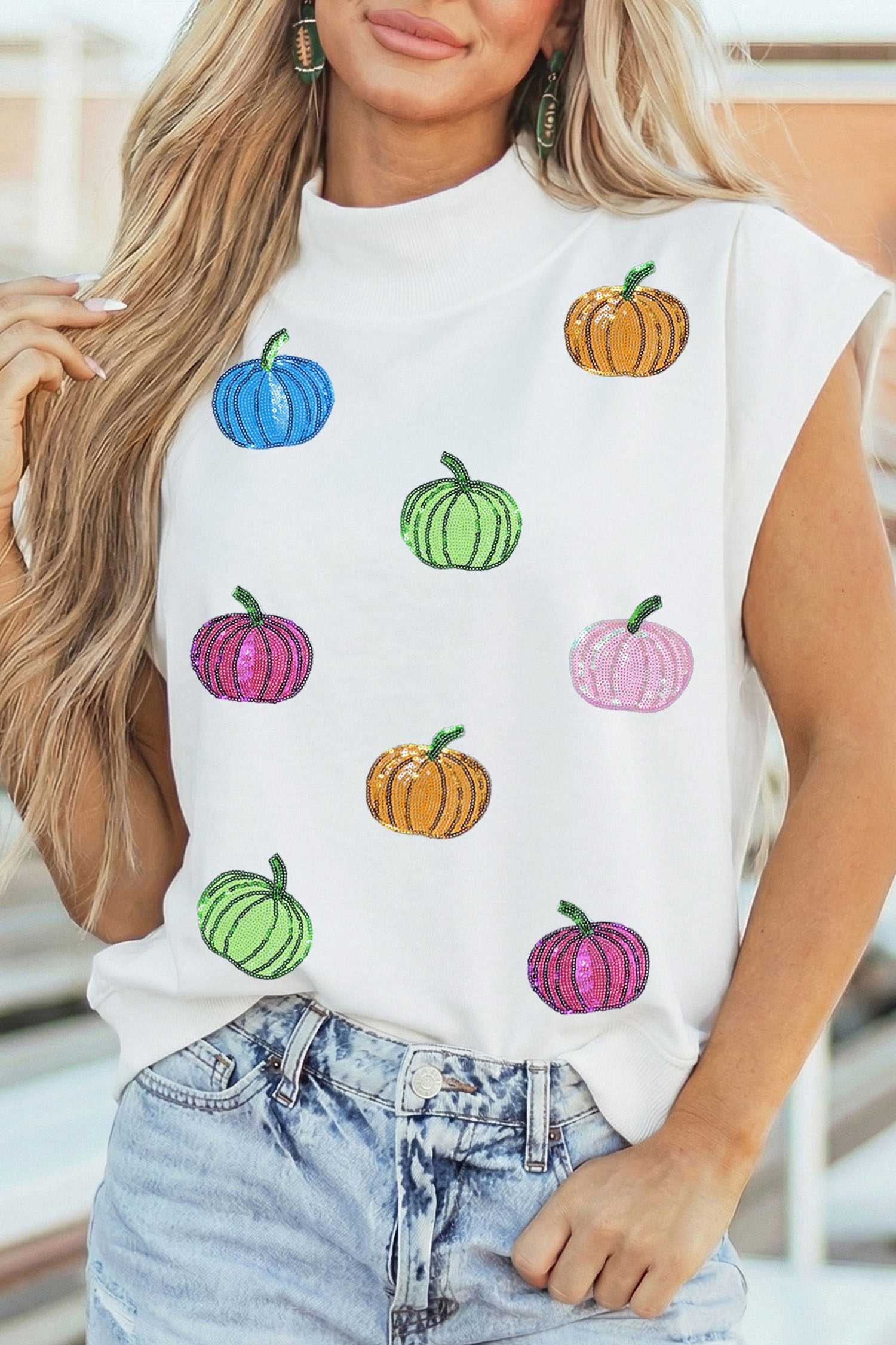 White Sequin Pumpkin Pattern Mock Neck Cap Sleeve Top