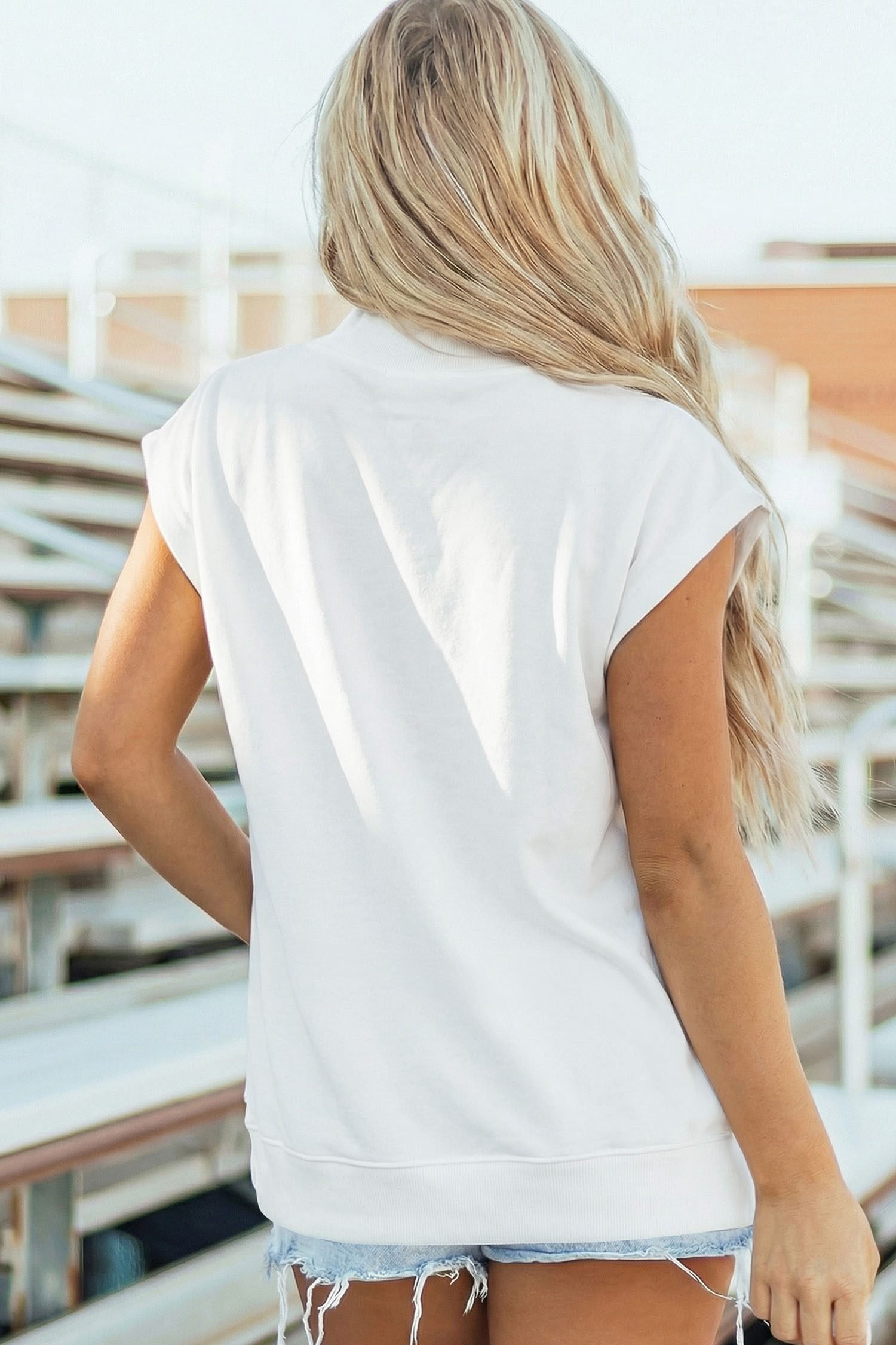 White Sequin Pumpkin Pattern Mock Neck Cap Sleeve Top