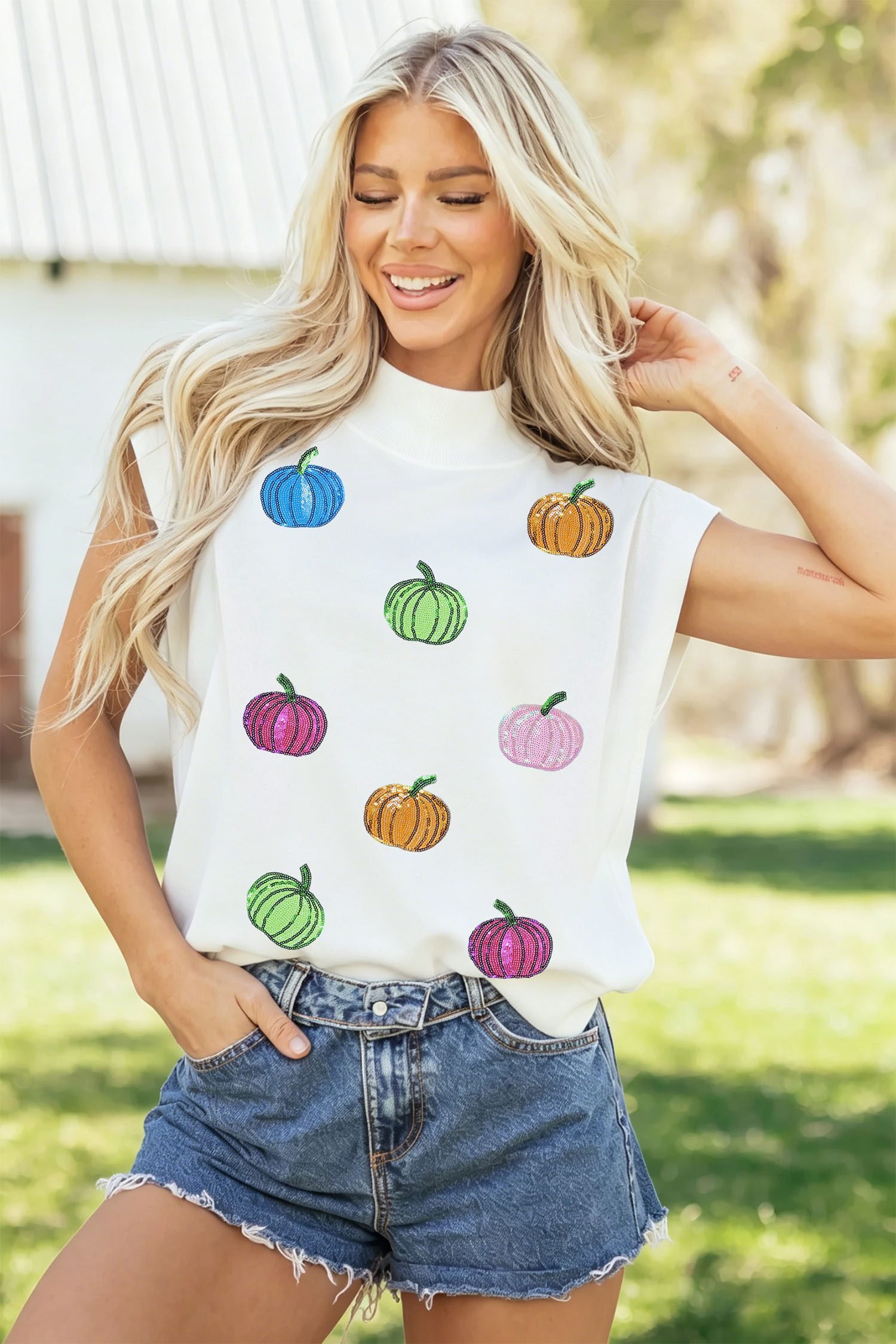 White Sequin Pumpkin Pattern Mock Neck Cap Sleeve Top