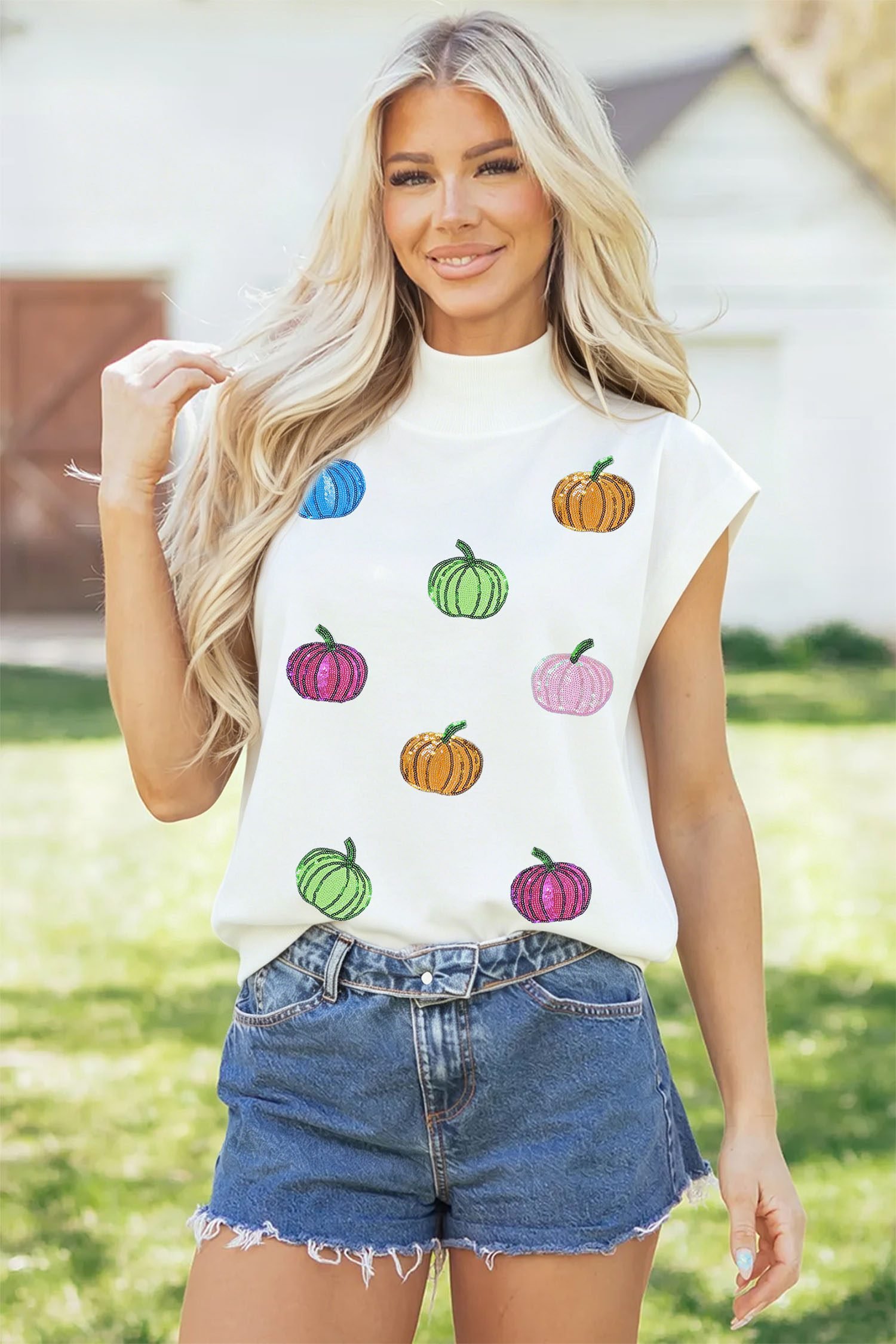 White Sequin Pumpkin Pattern Mock Neck Cap Sleeve Top