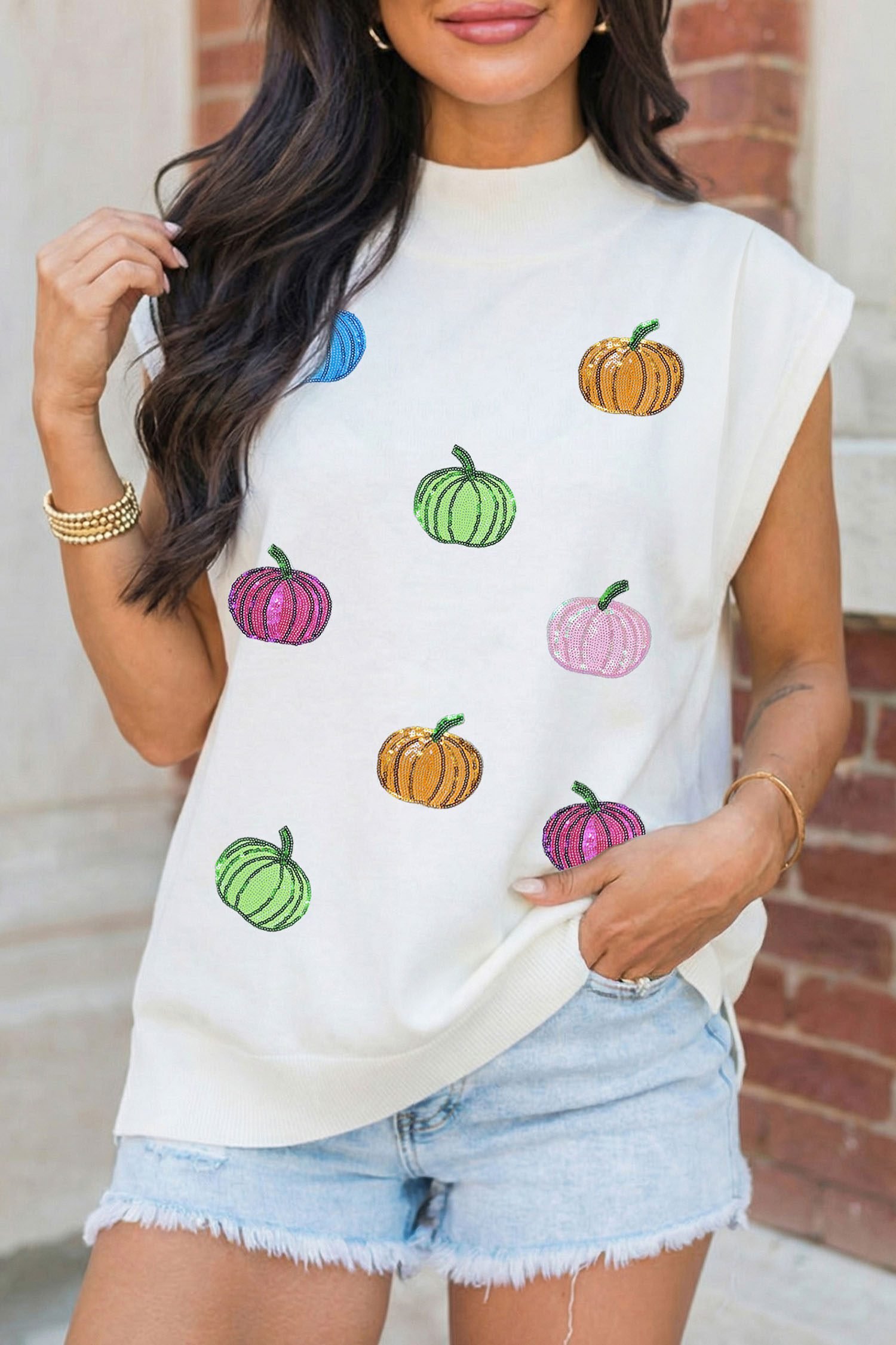 White Sequin Pumpkin Pattern Mock Neck Cap Sleeve Top