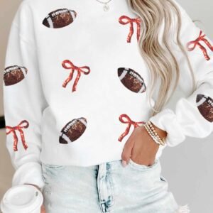White Sequin Rugby Bow Graphic ODM Casual Pullover Sweatshirt