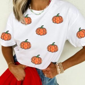 White Sequined Star Pumpkin Graphic Casual Round Neck T Shirt