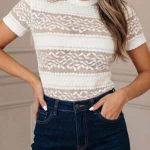White Sheer Lace Textured Patchwork Short Sleeve Top