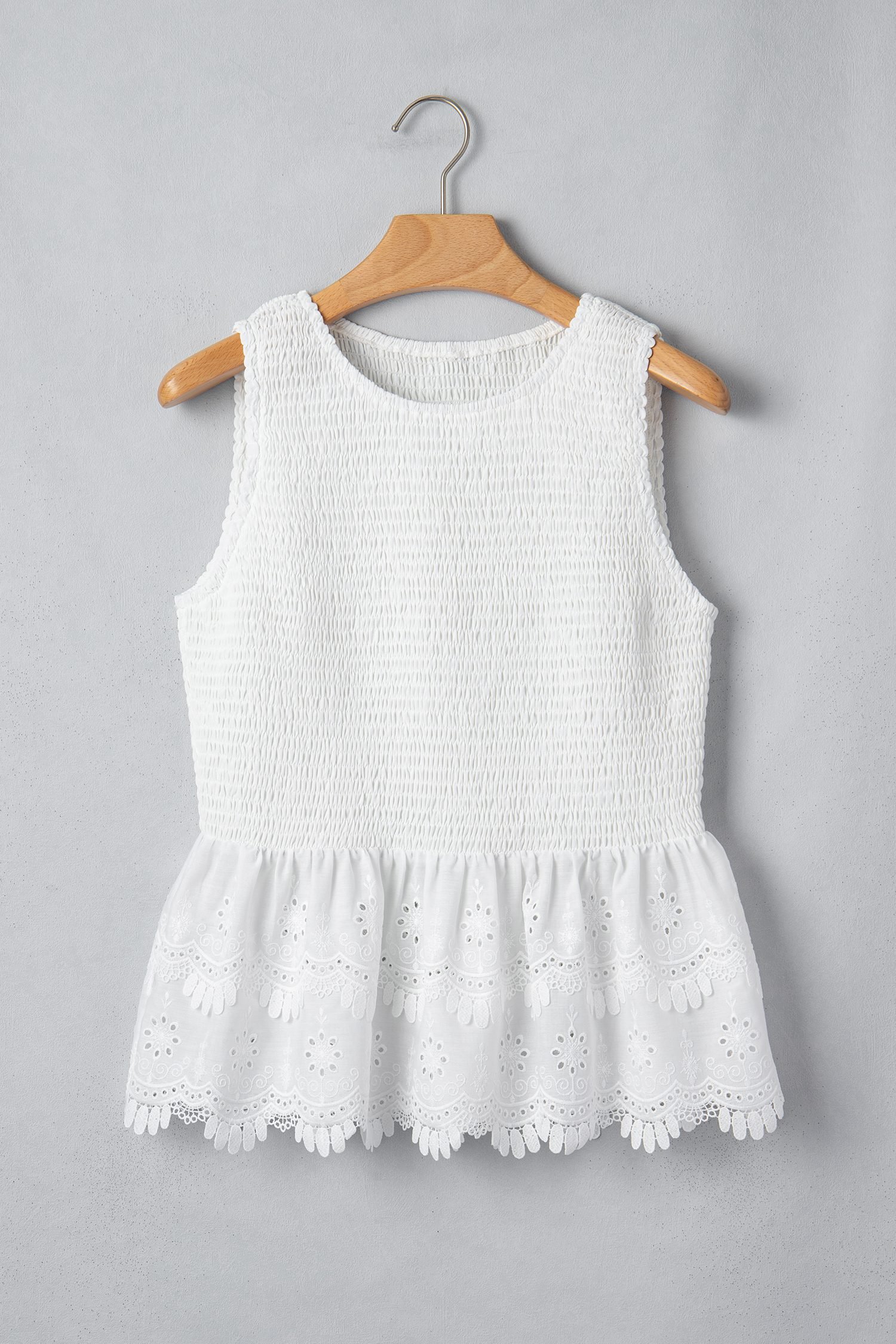 White Sleeveless Smocked Lace Peplum Top