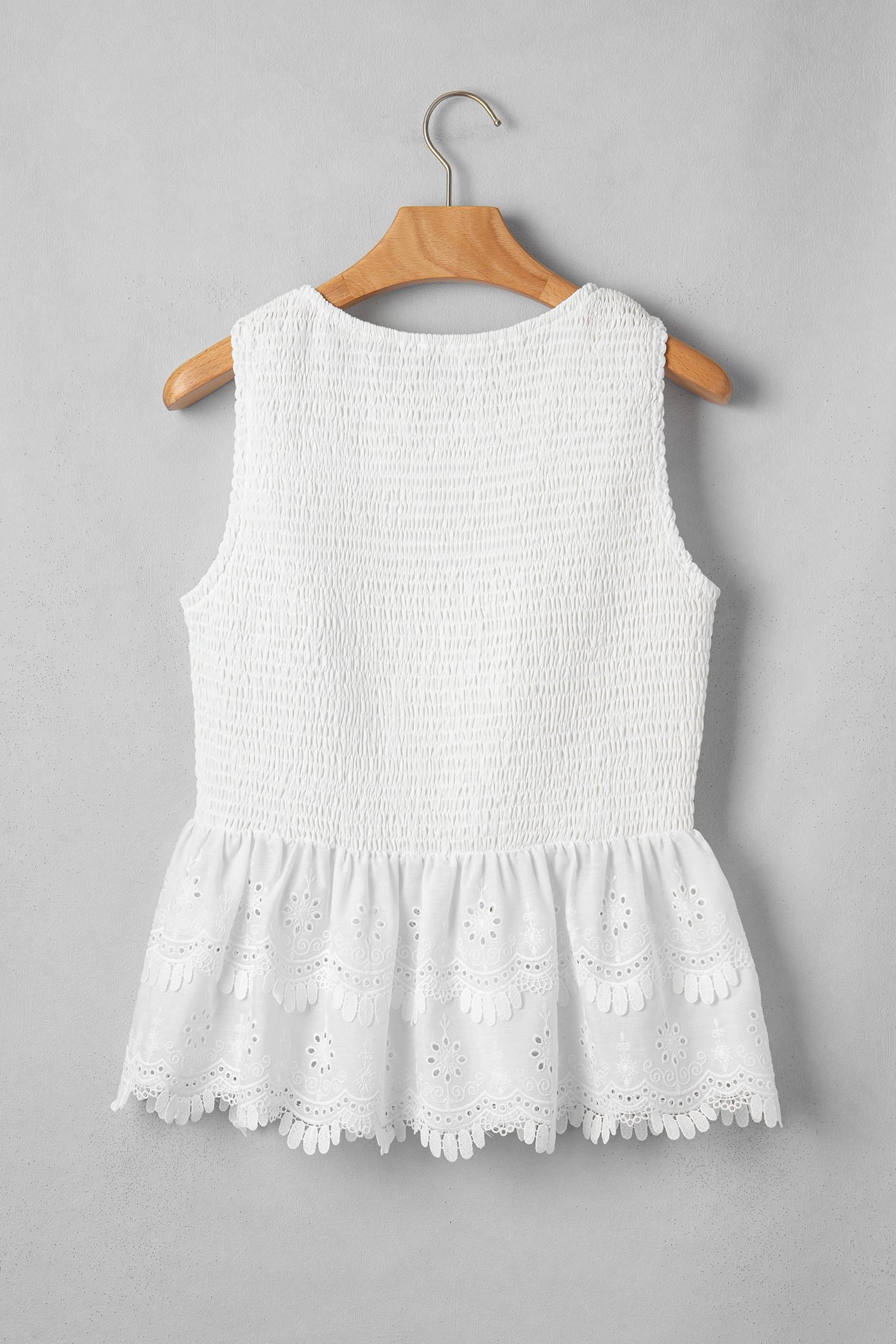 White Sleeveless Smocked Lace Peplum Top