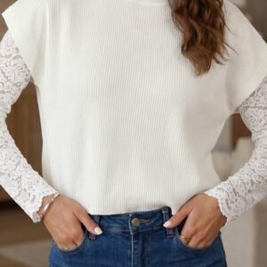 White Solid Color Ribbed Knit Mock Neck Loose Short Sleeve Sweater
