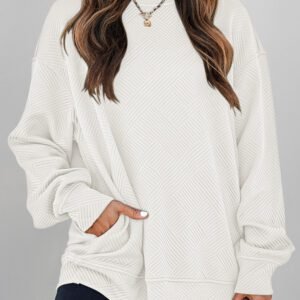 White Solid Color Textured Round Neck Drop Shoulder Pullover Sweatshirt