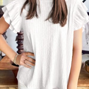 White Solid Color Textured Ruffle Trim Short Sleeve Blouse