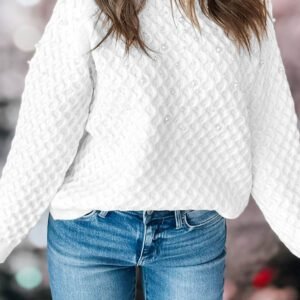 White Solid Textured Knit Pearl Embellished Pullover Sweater