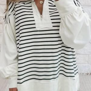 White Stripe Color Block Long Puff Sleeve Metal Zip-Up Collar Top