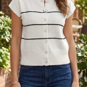 White Stripe Short Sleeve Button Front Shift Cardigan
