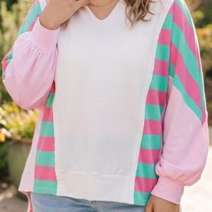 White Striped Colorblock V Neck Shift Long Sleeve Plus Size Blouse