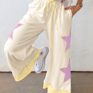 White Summer Color-Blocked Star Patchwork Pants