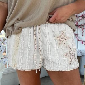 White Textured Lace Detail Floral Star Patch Drawstring Casual Shorts