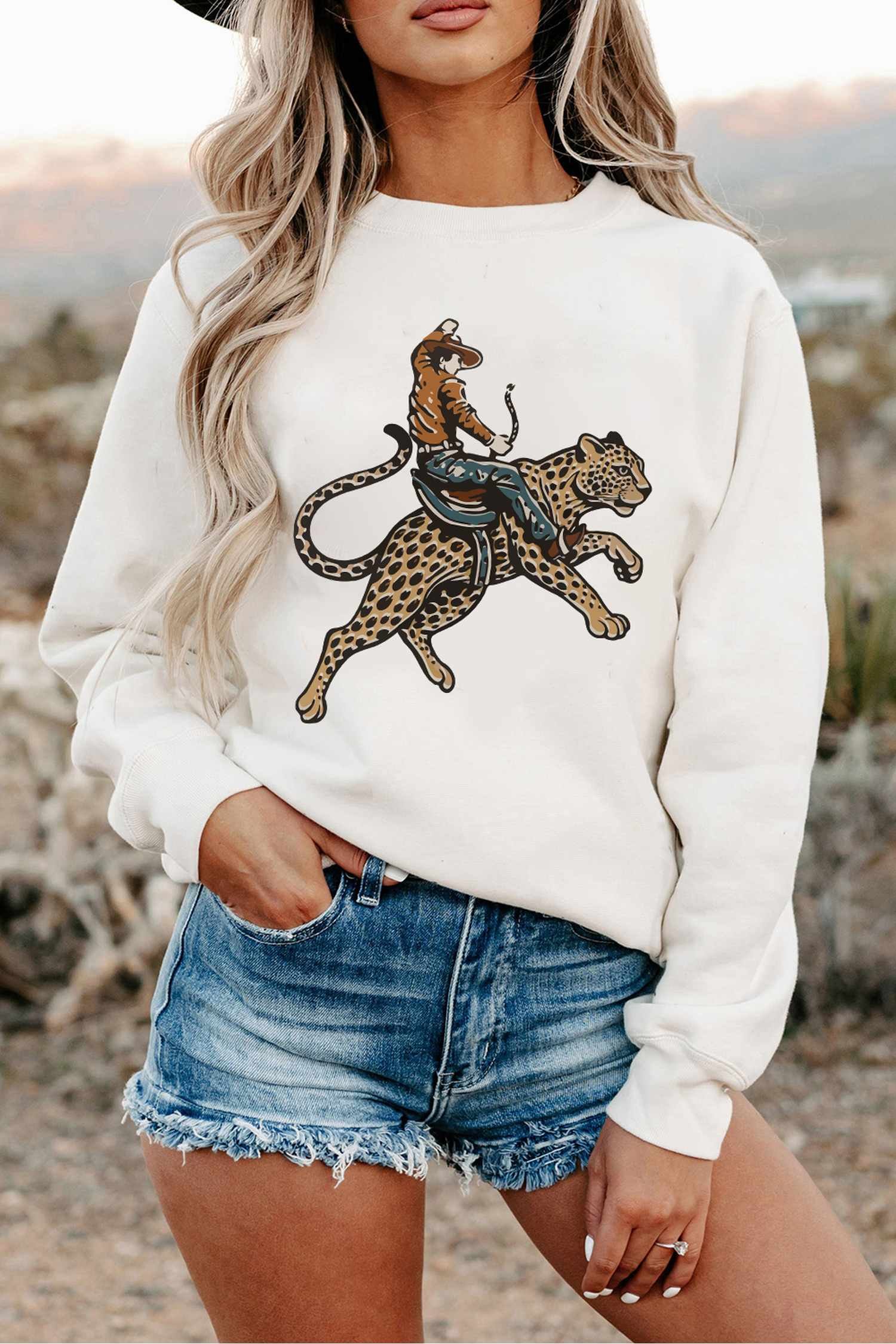 White Western Cowboy Cheetah Graphic Relaxed Pullover Sweatshirt