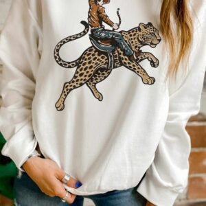 White Western Cowboy Cheetah Graphic Relaxed Pullover Sweatshirt