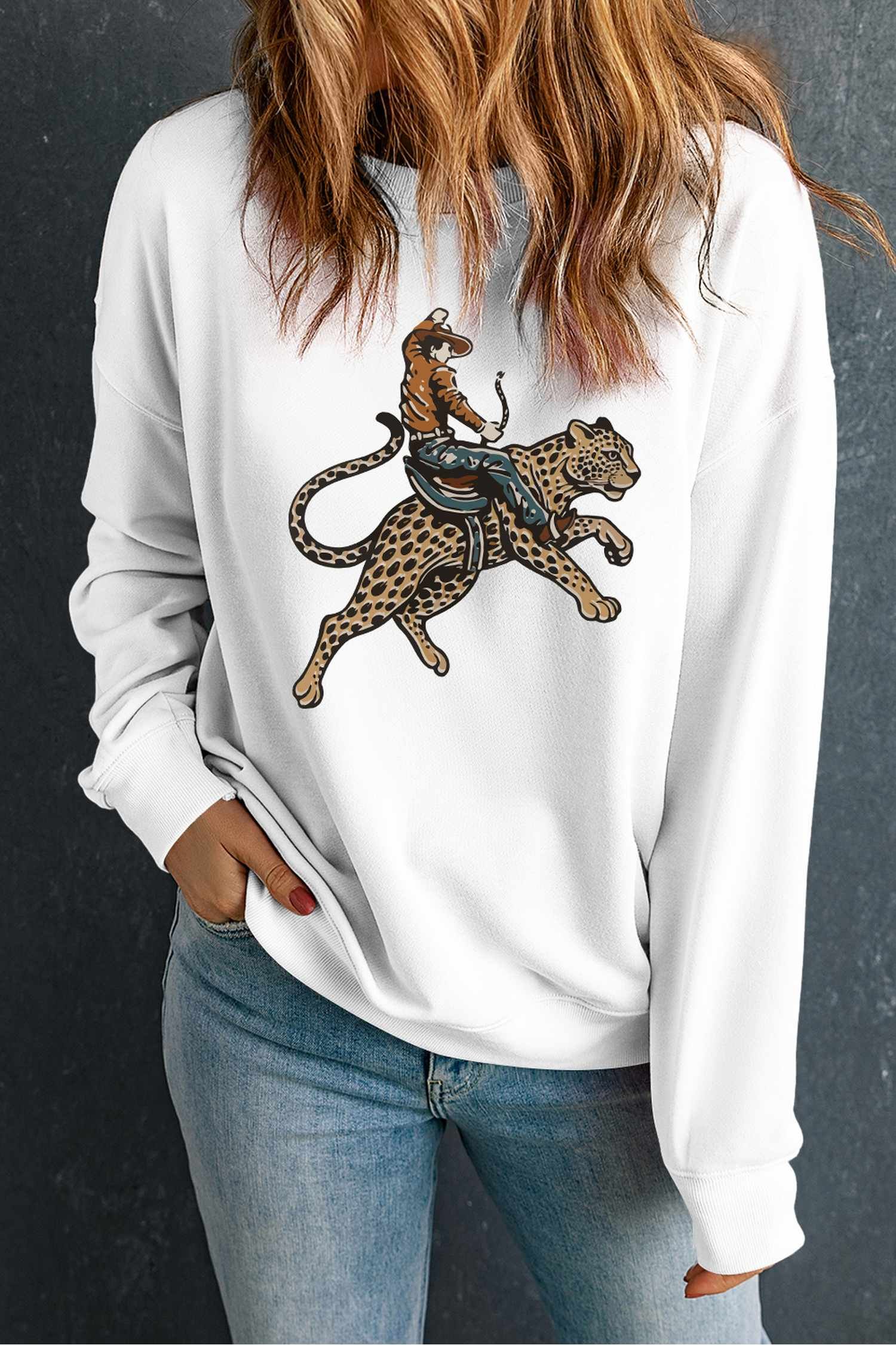 White Western Cowboy Cheetah Graphic Relaxed Pullover Sweatshirt