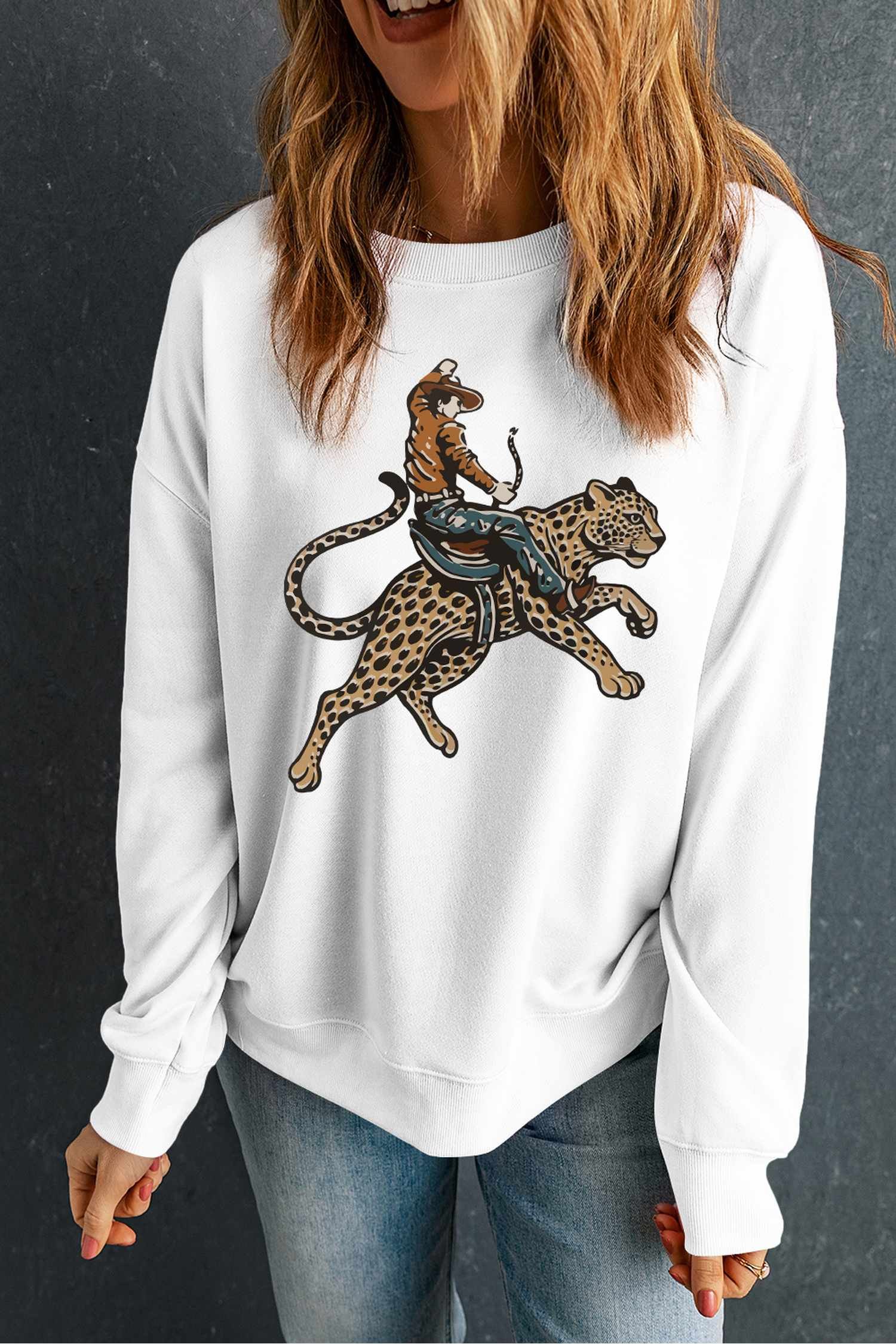 White Western Cowboy Cheetah Graphic Relaxed Pullover Sweatshirt