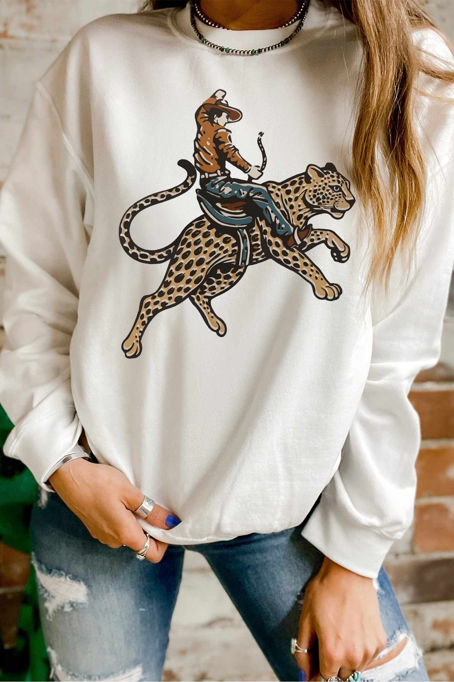 White Western Cowboy Cheetah Graphic Relaxed Pullover Sweatshirt