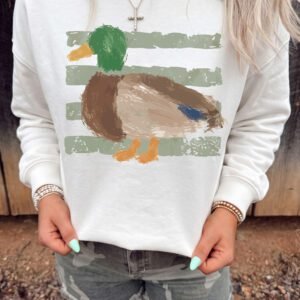 White Western Duck Graphic Casual Pullover Sweatshirt
