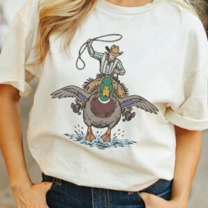White Western Duck Print Casual Graphic Tee