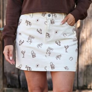 White Western Print Cactus Horse Bull Denim Skirt